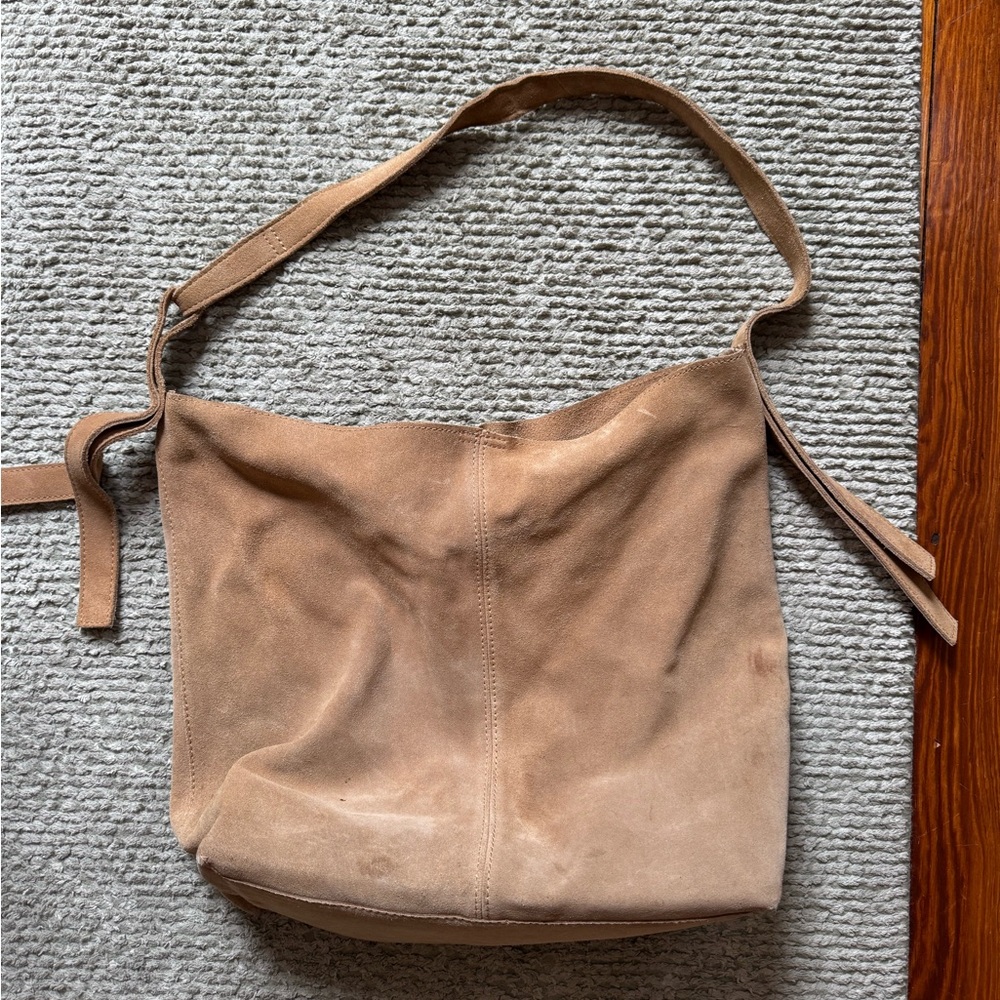 Slouchy Suede Shoulder Bag in Tan